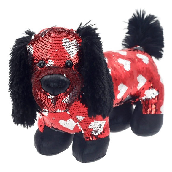 ✨Way to Celebrate✨Red and Black Hearts✨Flip Sequin Dachshund✨11” Plush✨ - Picture 3 of 11